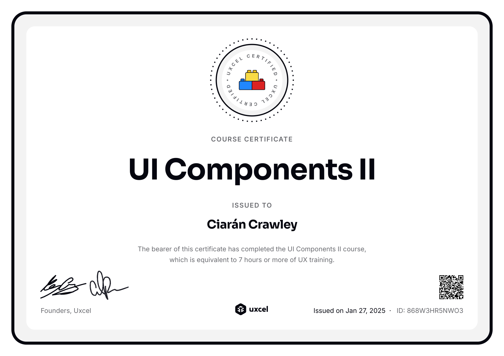 Ciarán Crawley's certificate